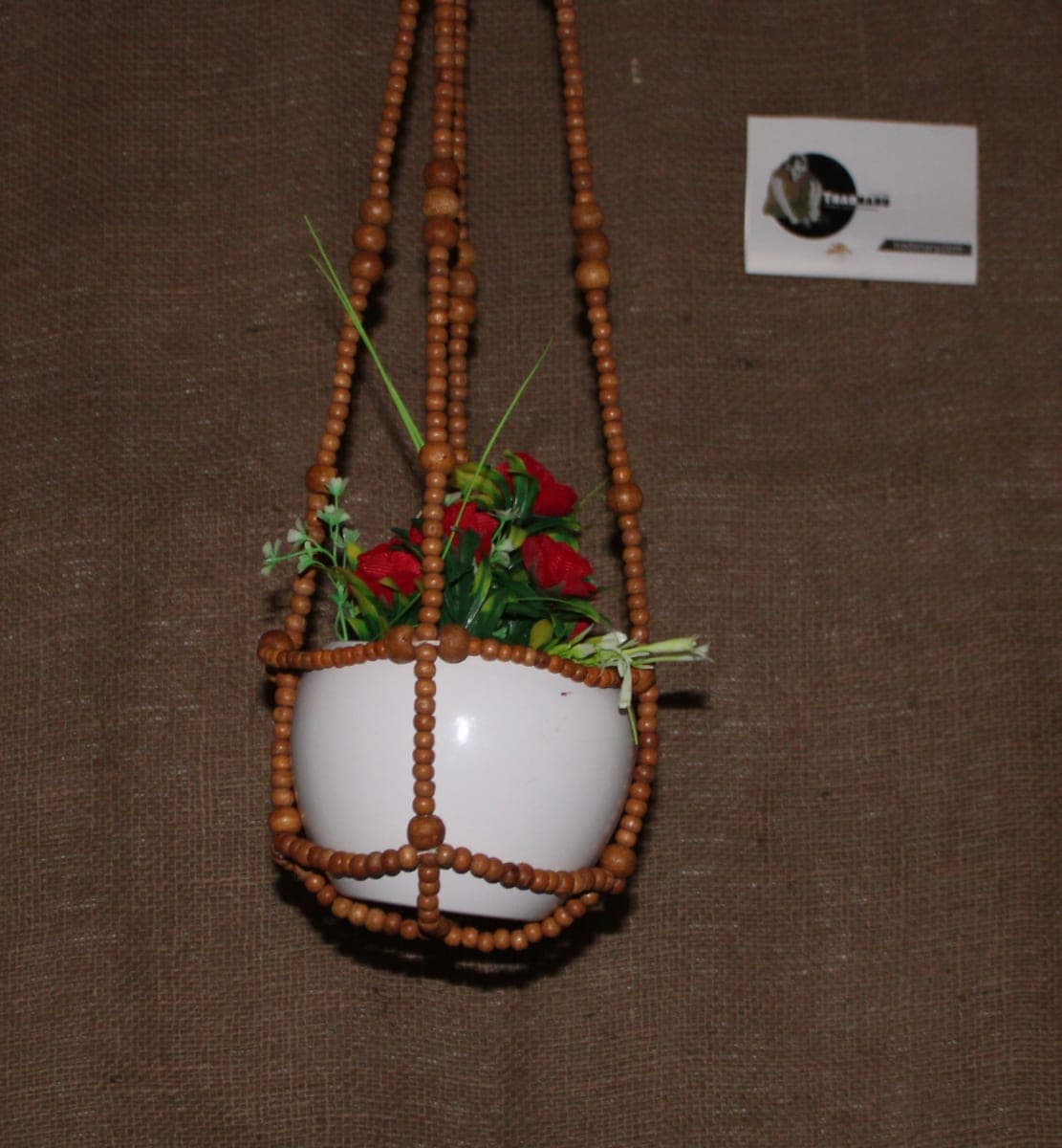 Wood Pearl Rope Hanging Planter 