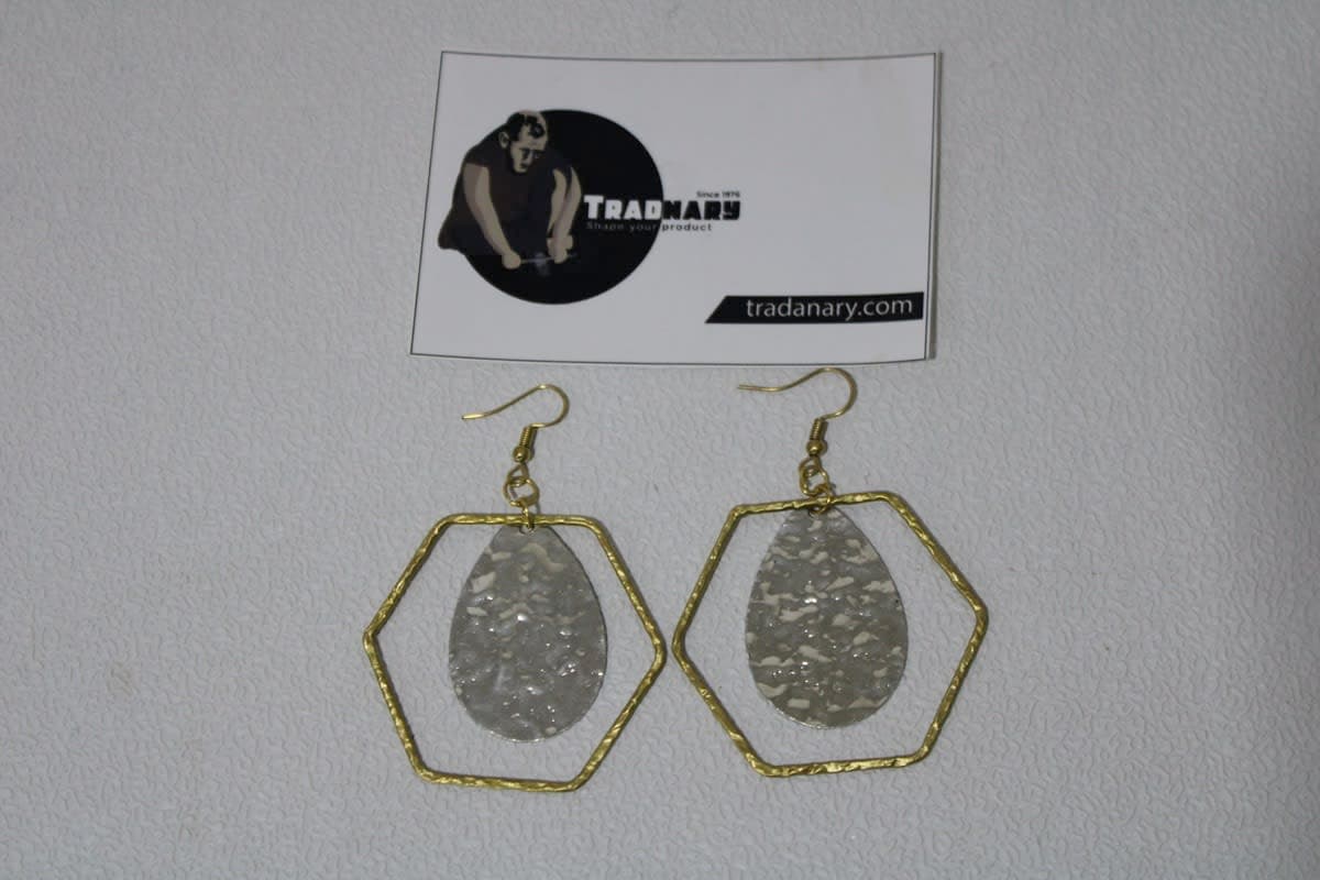 Hexagon Design Brass & Silver Coated Drop Design Earrings 