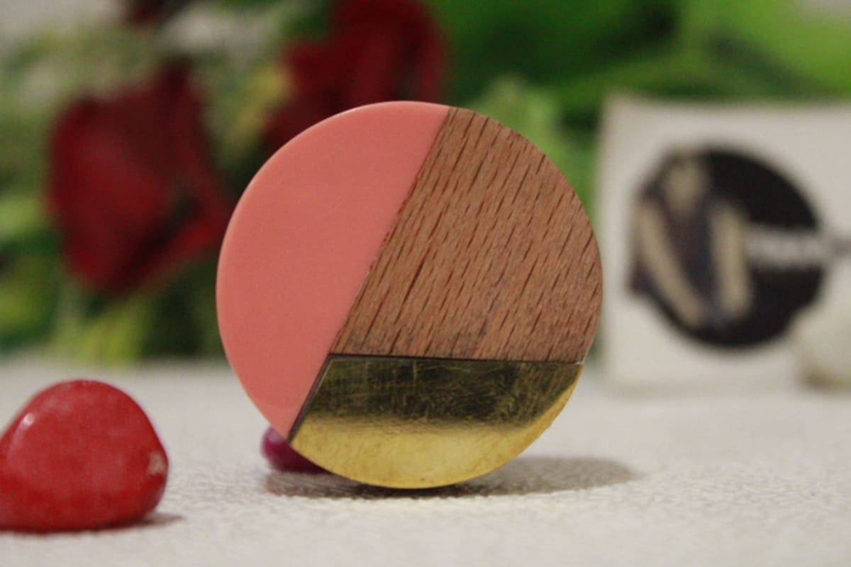 Pink Resin, Wood  & Brass Strip Knob