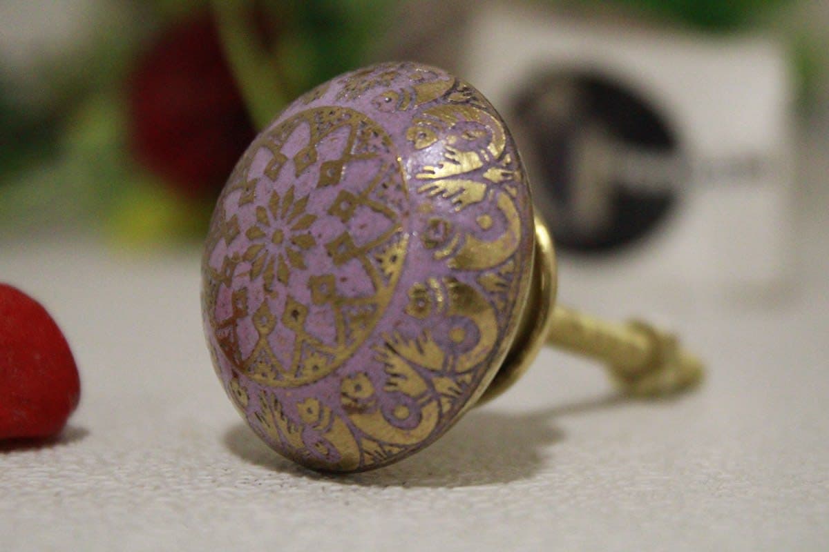 Pink Brass Knob Etched Flower Design