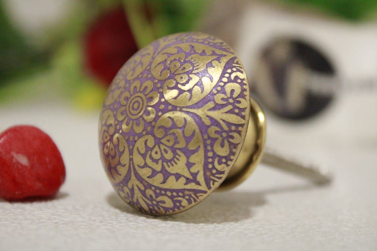 Purple Brass Knob Etched Flower Design