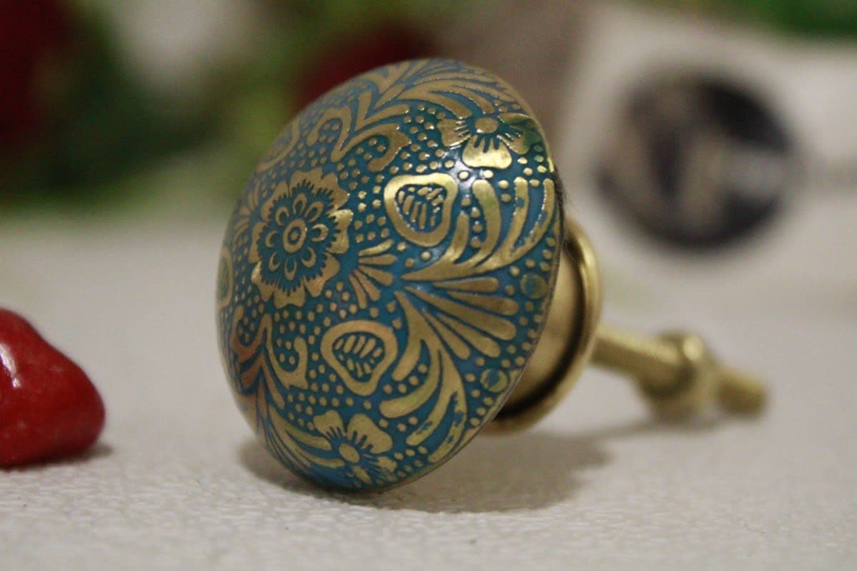 Dark Blue Brass Knob Etched Flower Design