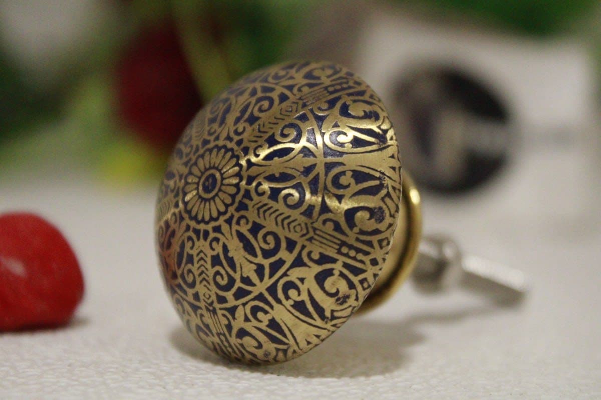 Etched Flower Design Blue Brass Knob