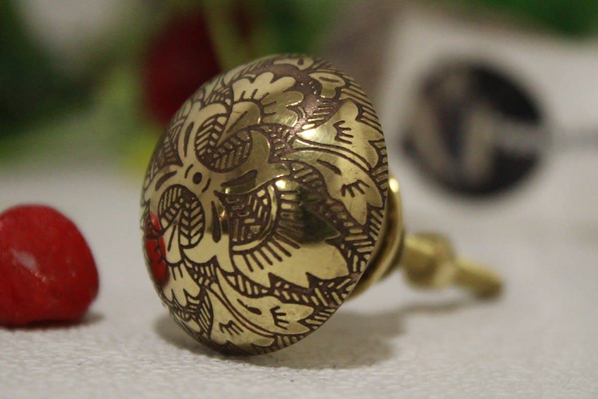 Dark Brown Brass Knob Etched Flower Design
