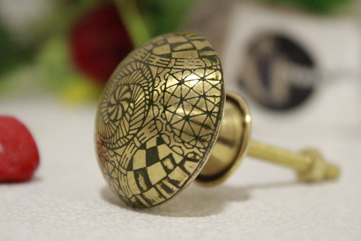 Dark Green Brass Knob Etched Flower Design