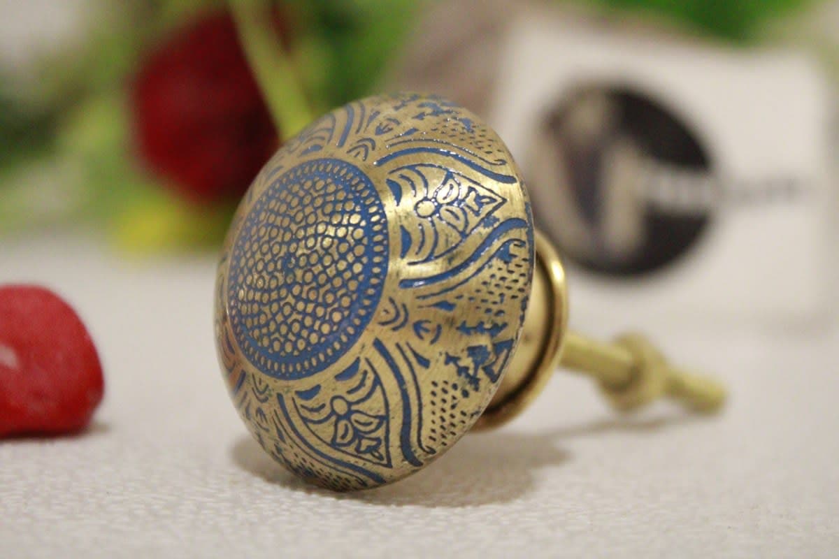 Blue Brass Knob Etched Flower Design