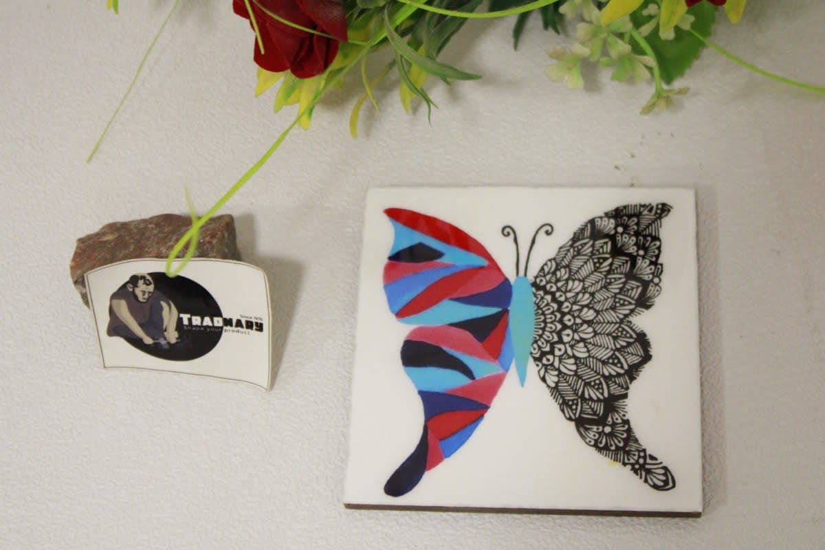 Square Coaster In Printed Blue Red Wing butterfly with Enamel Paint