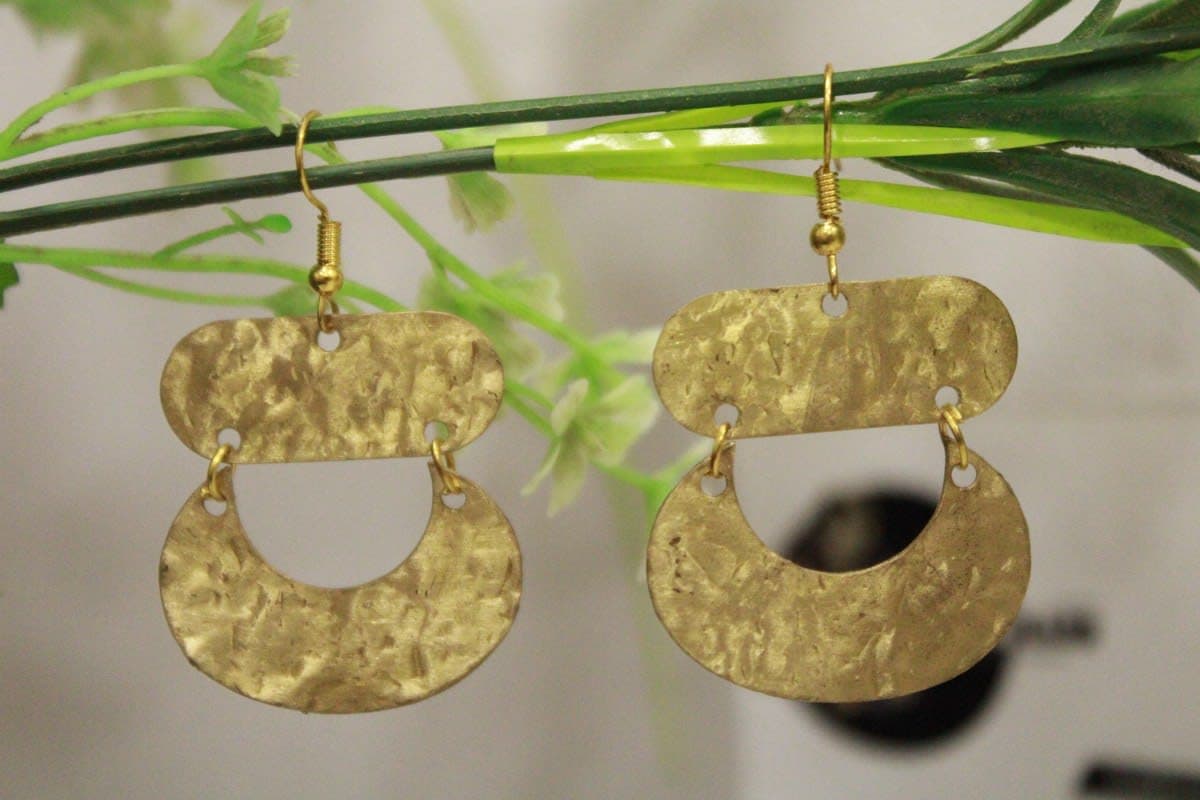 Crescent Brass Earrings In Rectangular Strip Design
