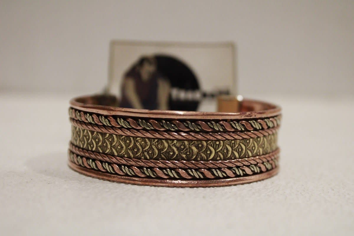 Magnetic Wide Copper Cuff With Etched Brass Rope Design