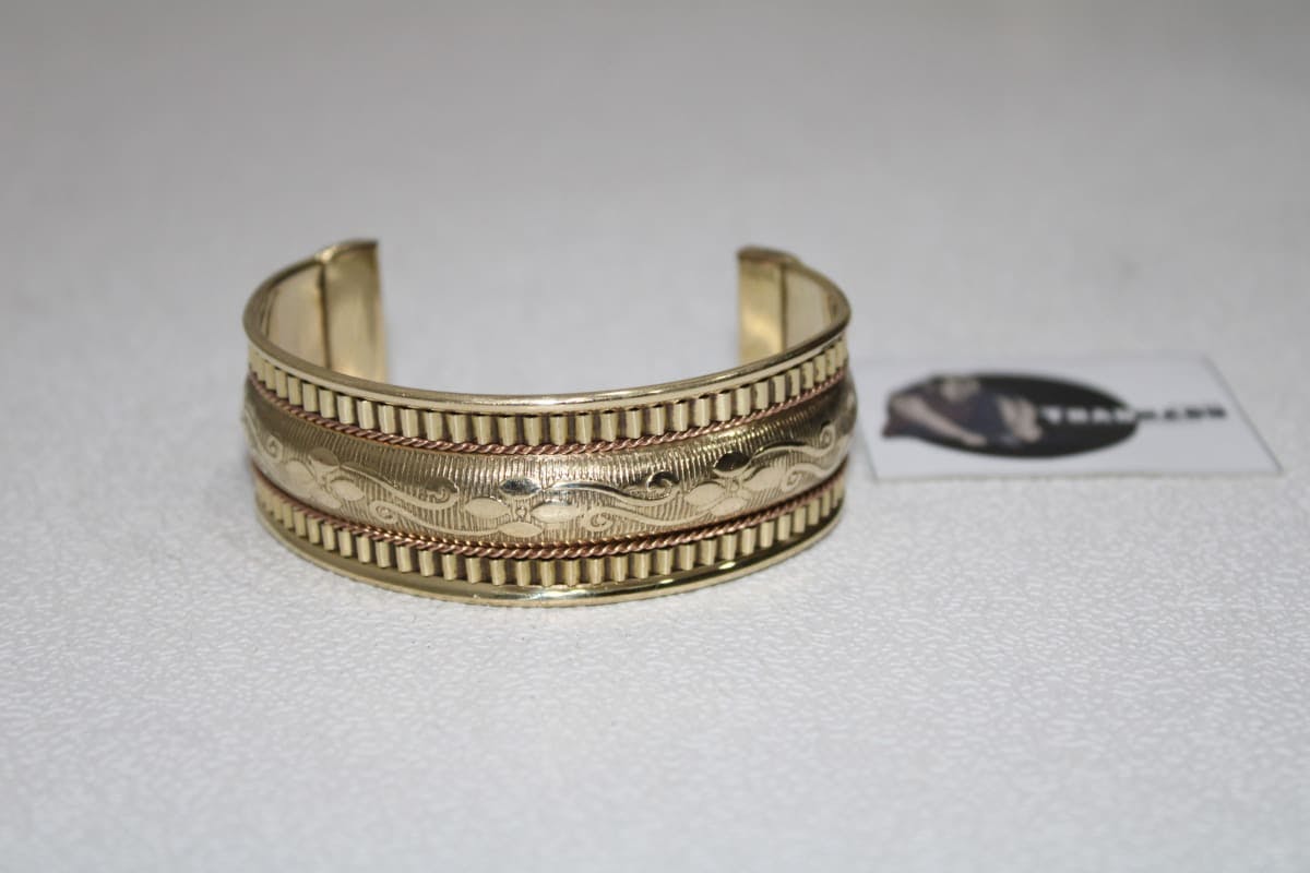Dual Copper Bending And Flower Design Brass Cuff 