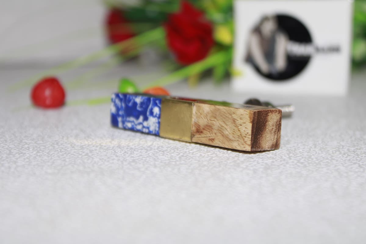 Rectangular Knob In Colorful Marble, Brass Strip & Wood