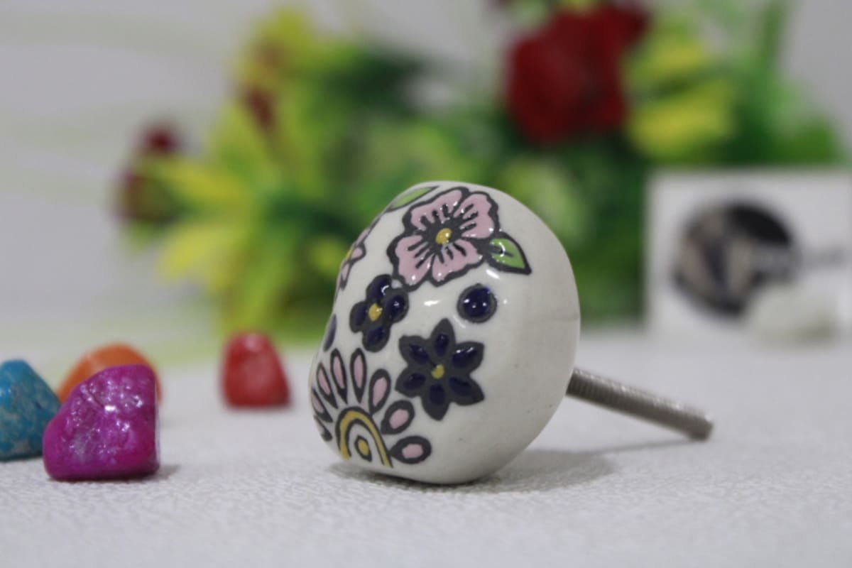 White Ceramic Printed Flower Knob
