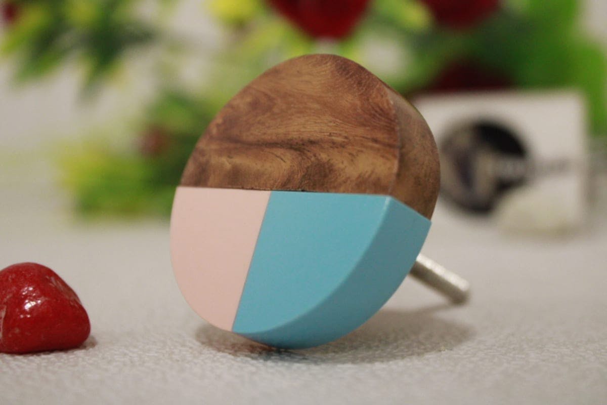 Pink, turquoise Resin & wooden Knob