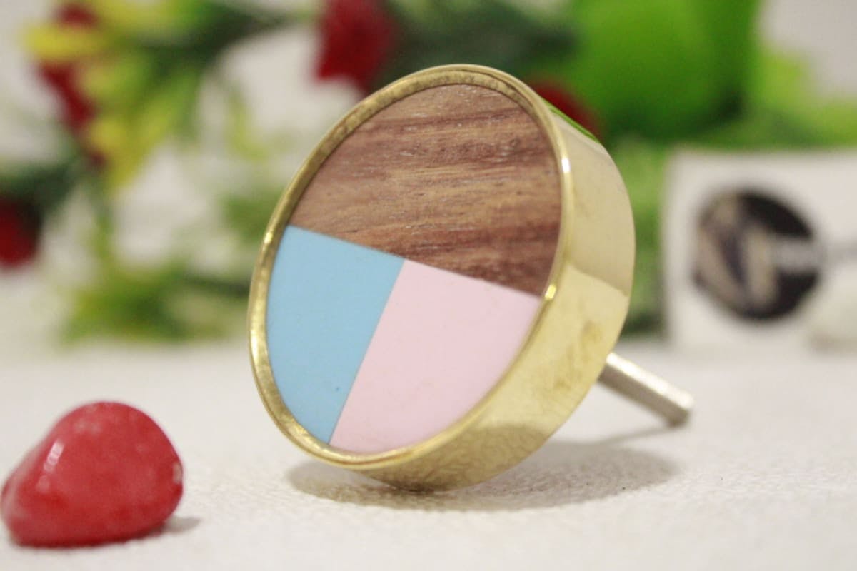 Pink, turquoise Resin & wooden Knob in Molded Brass