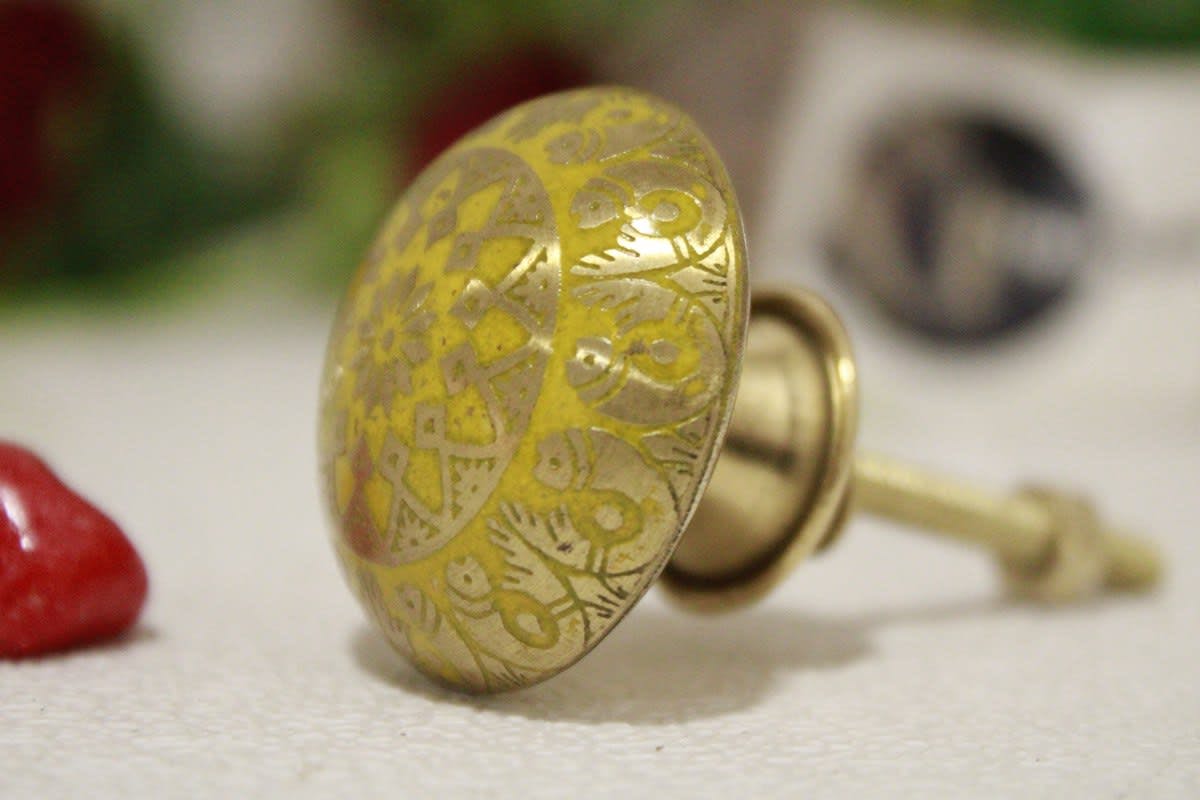 Yellow Brass Knob Etched Fishes Design