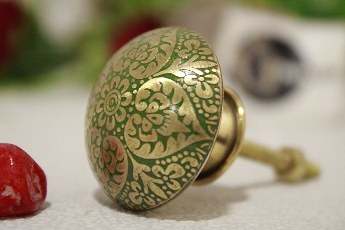 Green Brass Knob Etched Flower Design