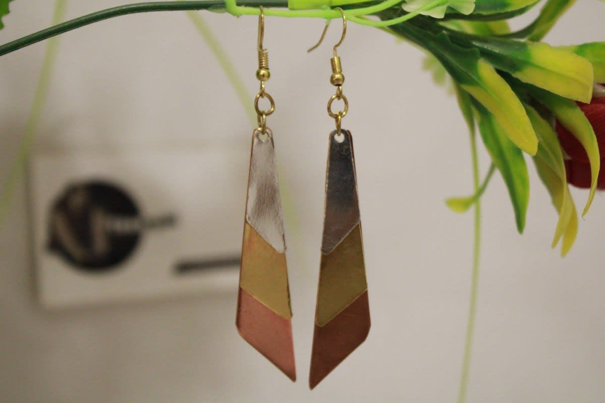 Copper, Brass & Silver Earrings In Triangle Shape