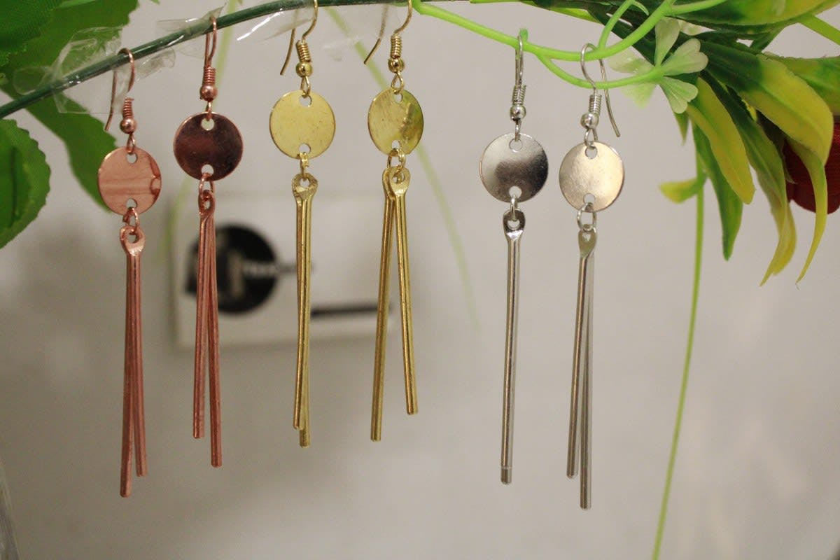 Copper, Brass & Silver Earrings In  Dual Thin Stick