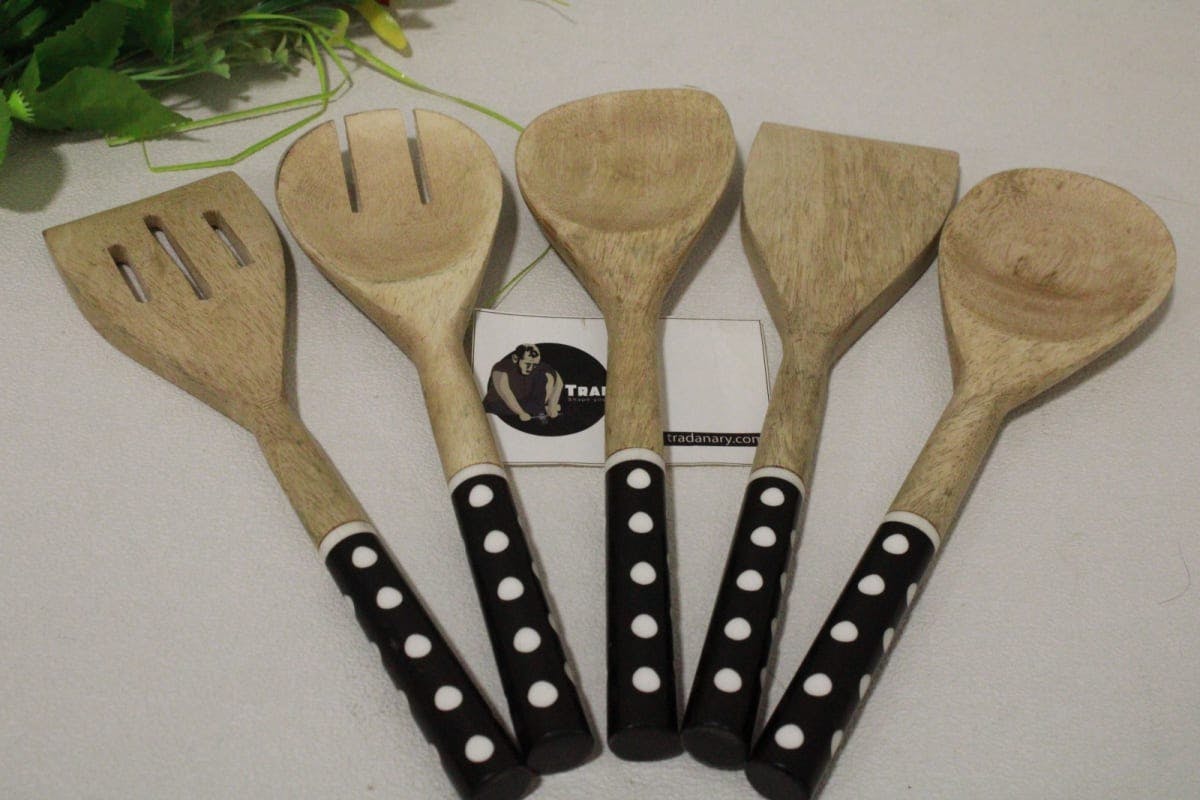 Five Wooden Spoon Set In Resin Handle