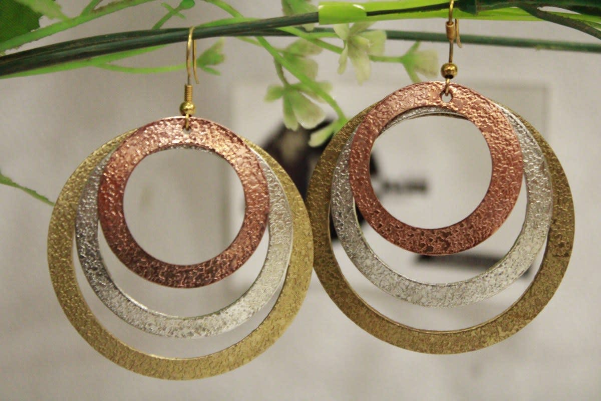 Copper, Brass & Silver Earrings In Circle Shape With Etching