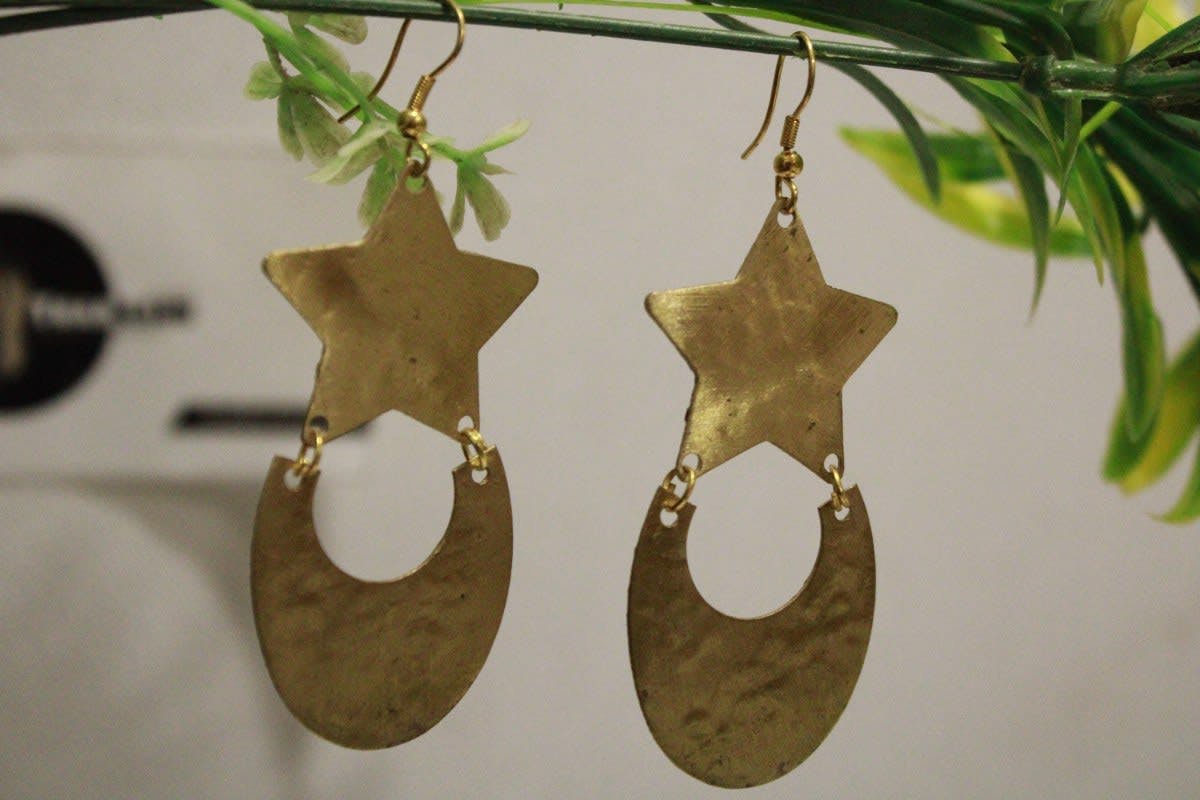 Brass Earrings In Golden Star & Moon Shape