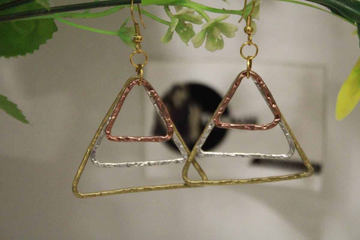 Copper, Brass & Silver Earrings In Triangle Shape With Etching