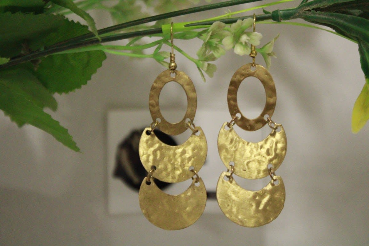 Brass Earrings In Golden Oval & Dual Moon Shape Design