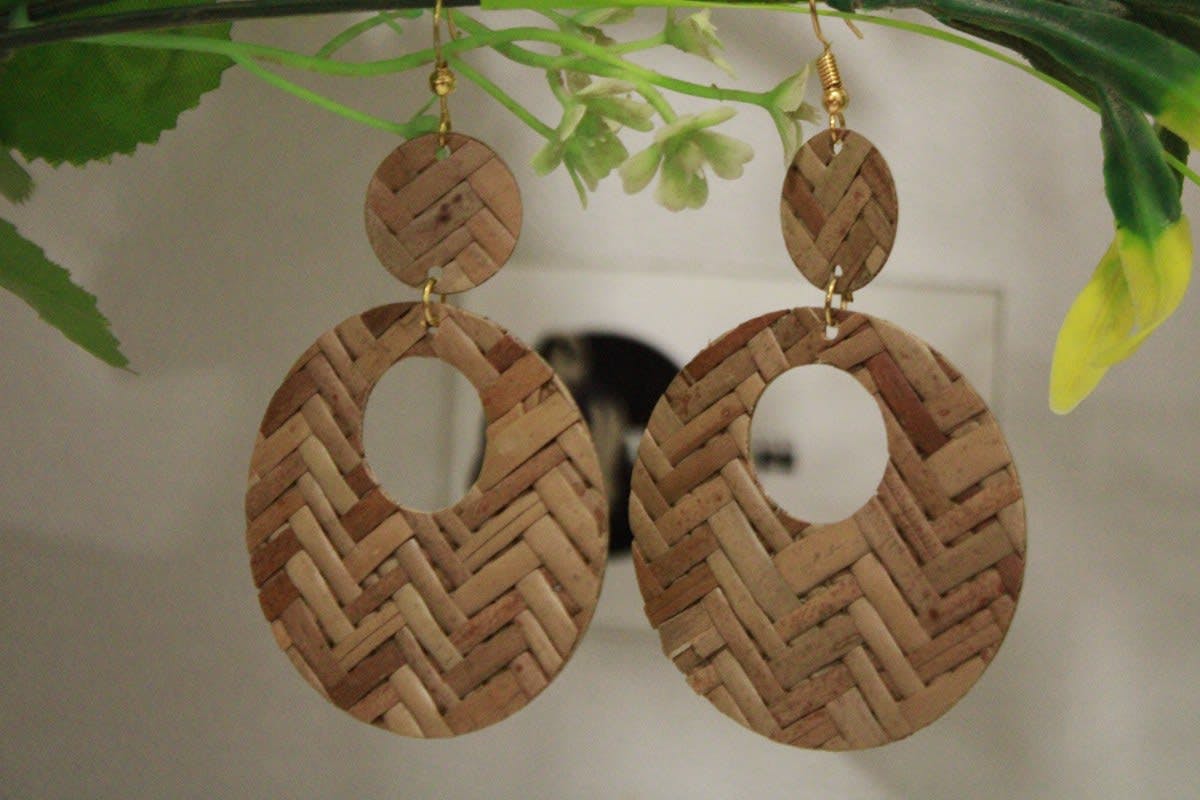 Brass Earrings In Rattan Inlay Design