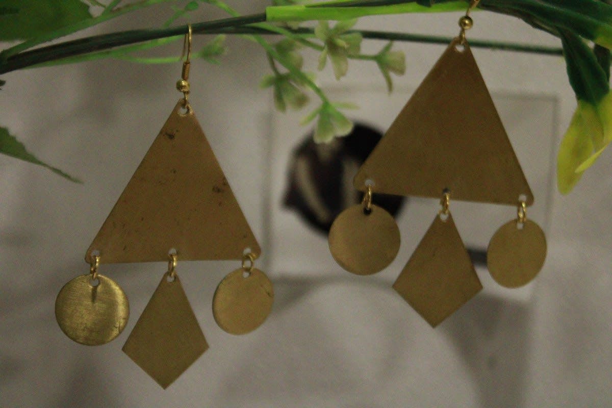 Triangle Brass Earrings In Three Strips Design