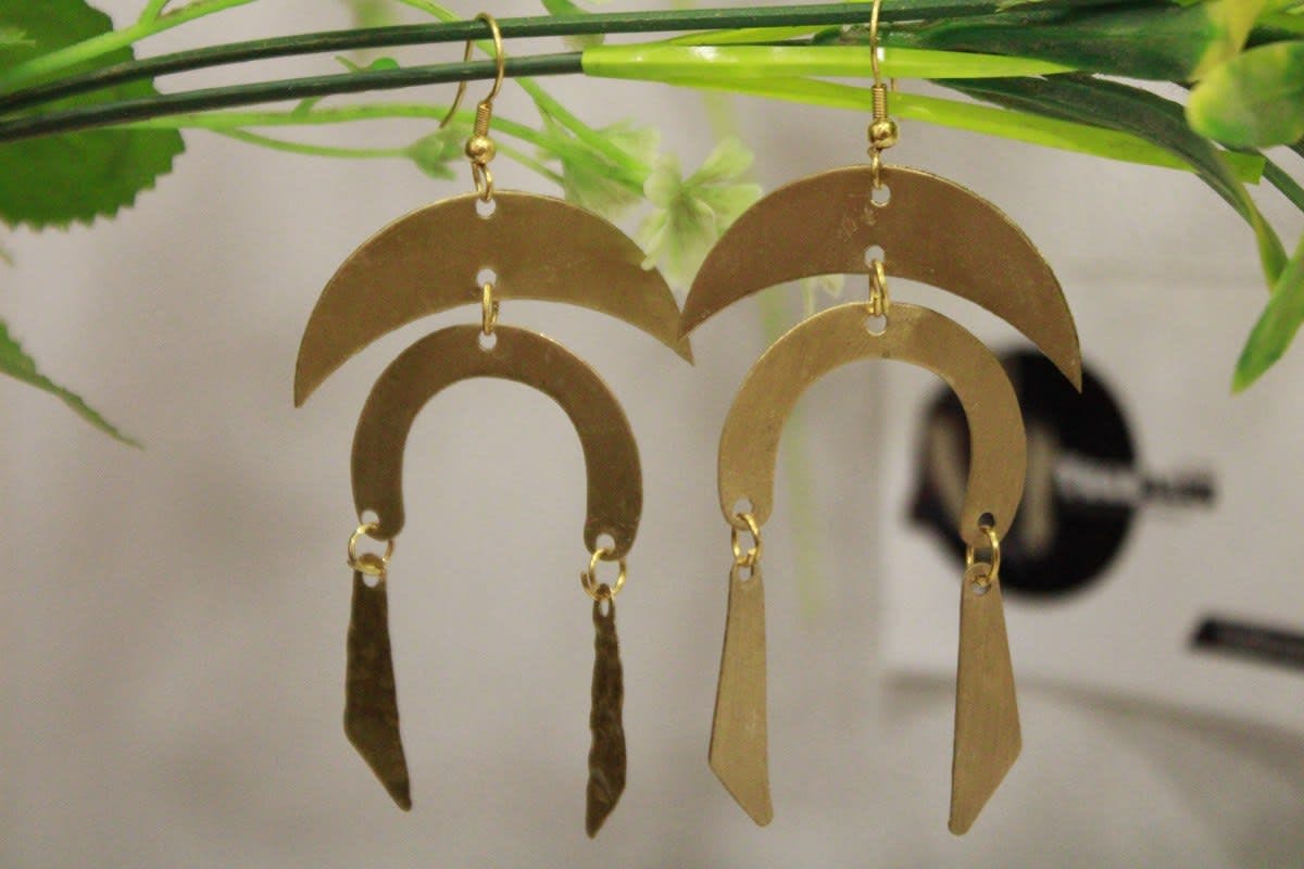 Crescent Brass Earrings In Two Strip Design