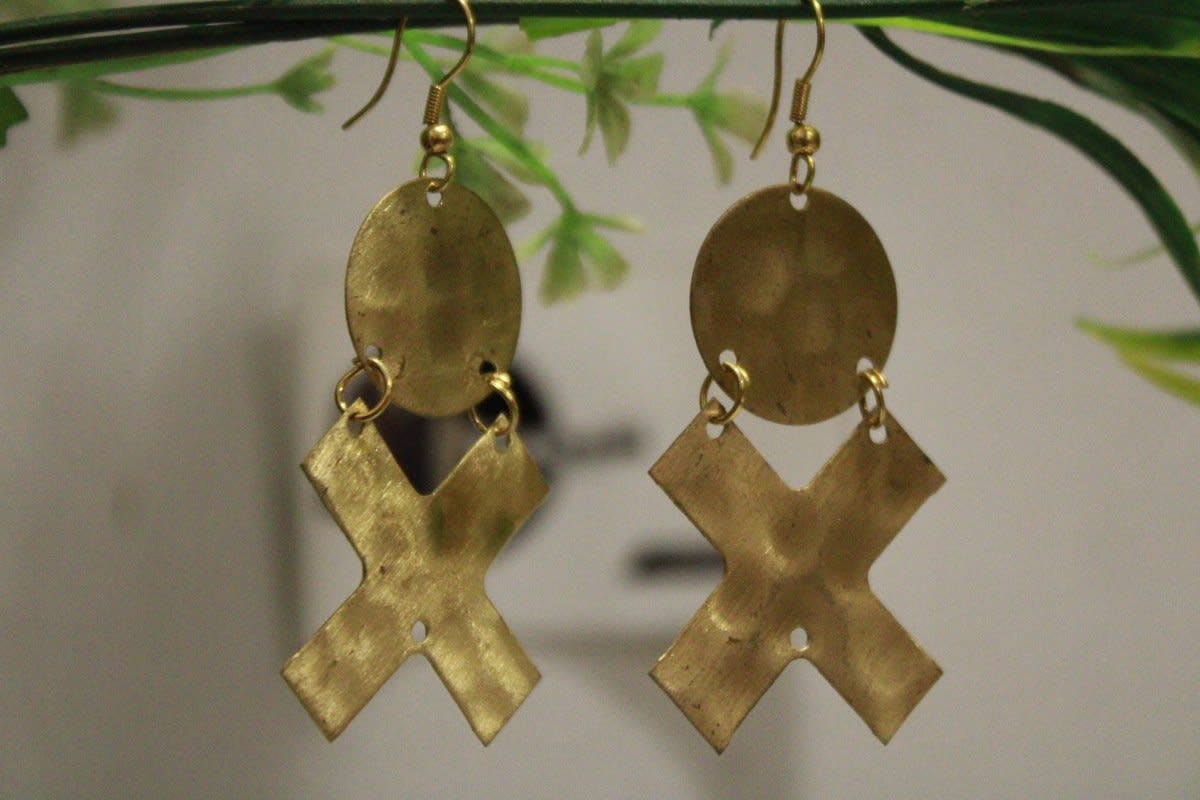 Brass Earrings In Golden Circle & Cross Shape