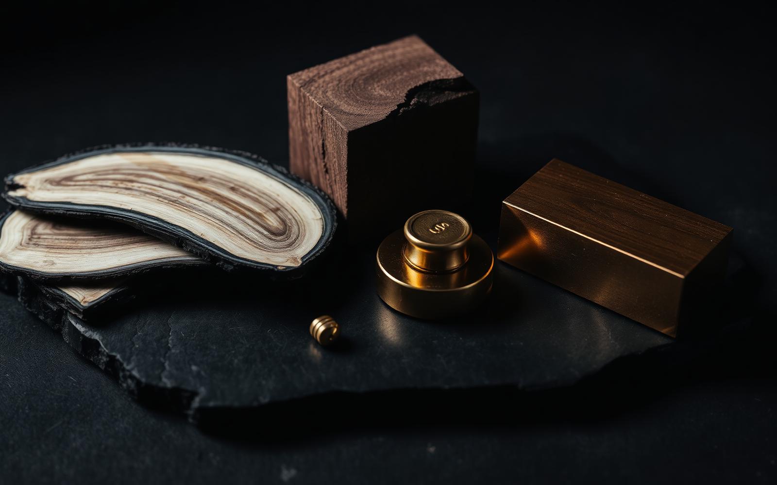 Raw handmade materials — wood, horn, brass, copper, resin