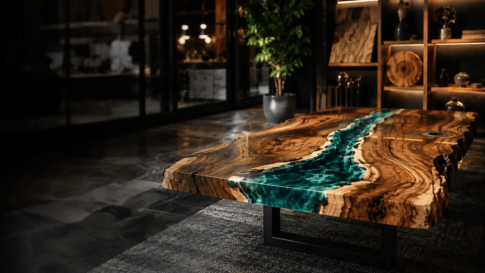 Handcrafted live-edge wooden table with artistic resin detailing